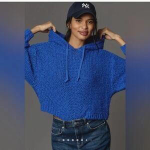 PILCRO Anthropologie Women's SM Blue Sailcloth Open Weave Hooded Sweater